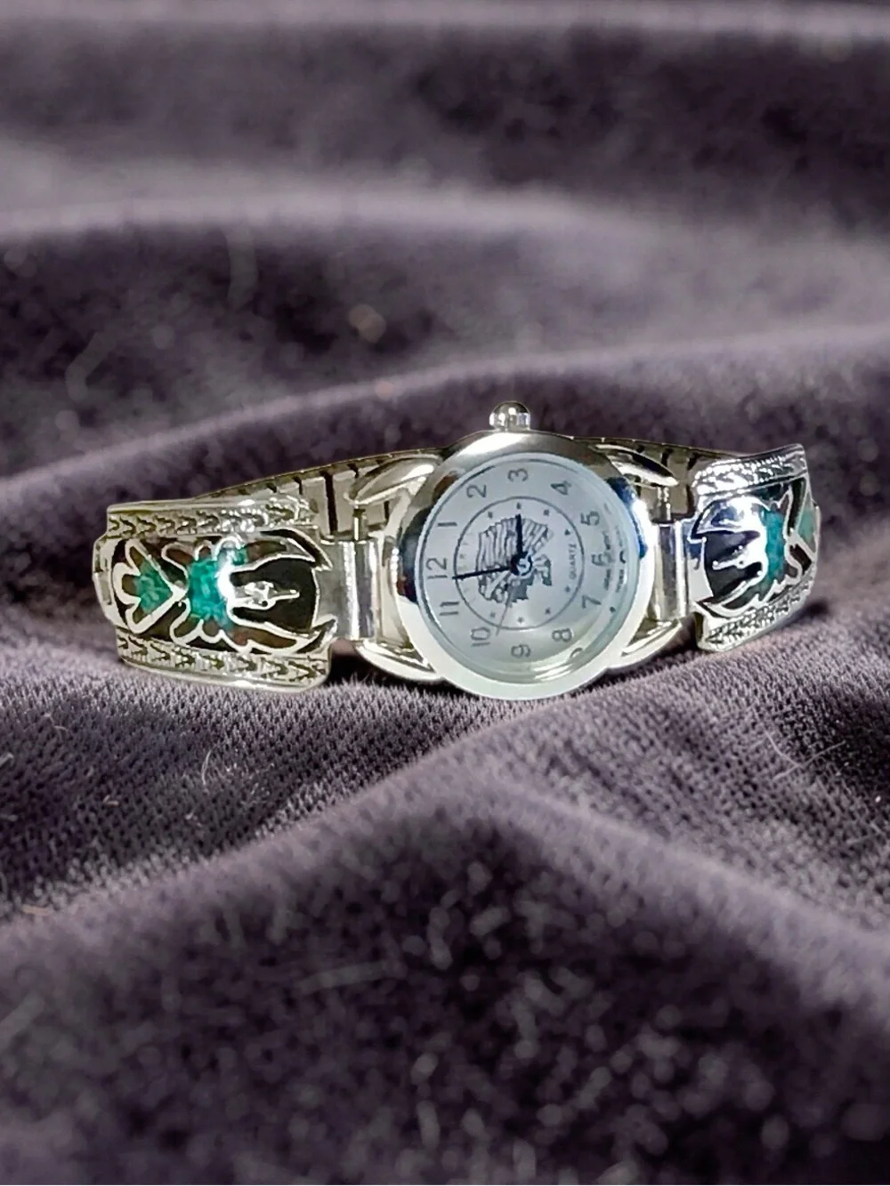 Silver Indian Head Watch Sterling Navajo Turquoise/Coral Thunderbird Band